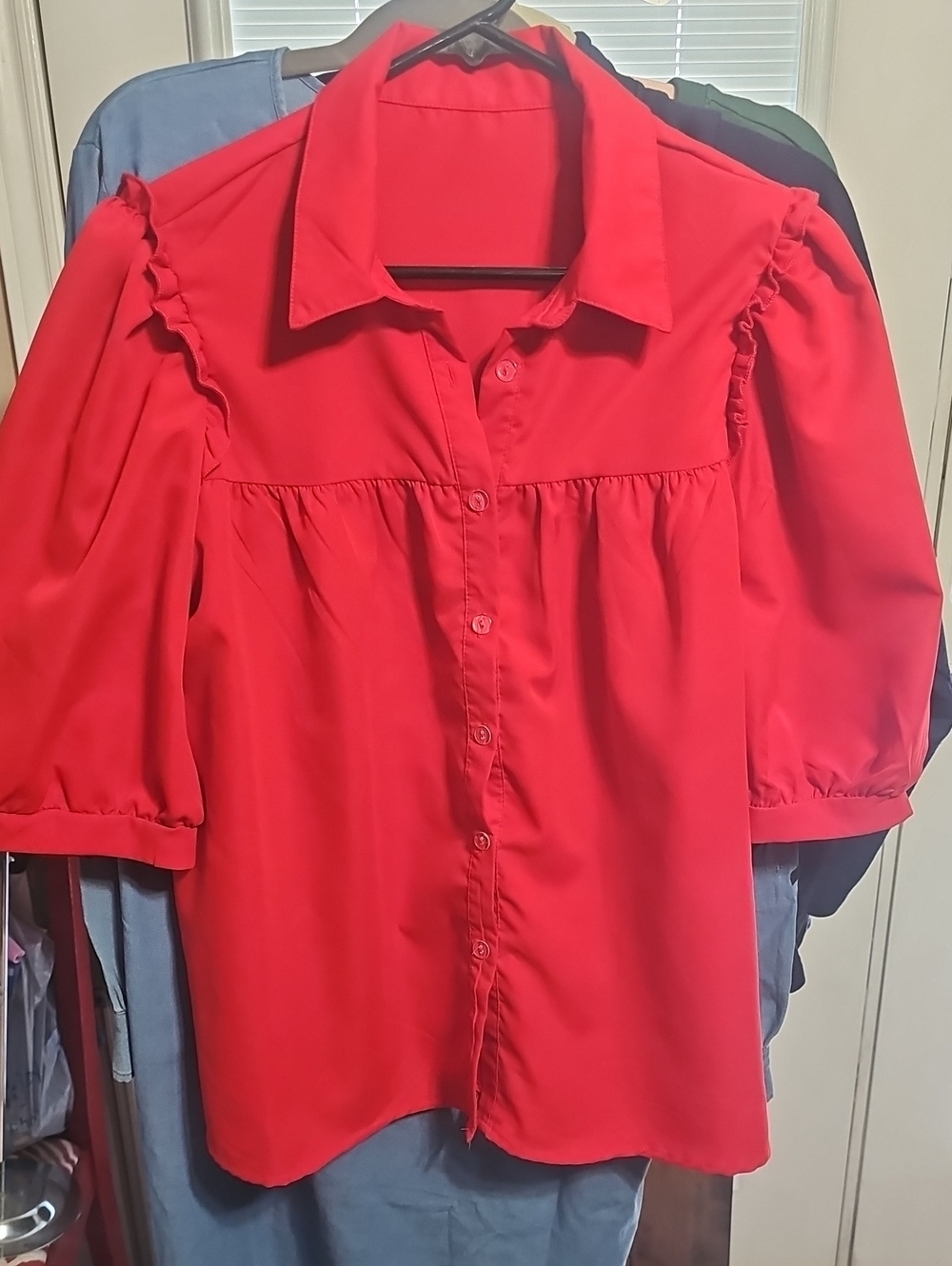 Red Button-Front Puff Sleeve Shirt